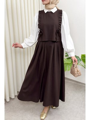 Kahverengi Bağcıklı Yelekli Takım