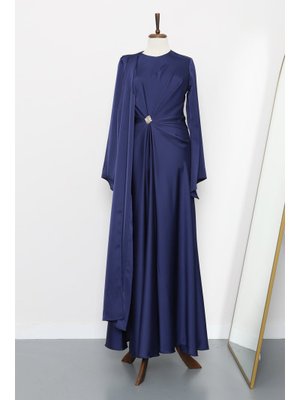 Lacivert Önü Pelerinli Drapeli Saten Abiye Elbise