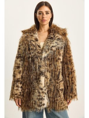 Kahverengi Leopar Desenli Yakalı Astarlı Premium Suni Kürk Kaban Bej