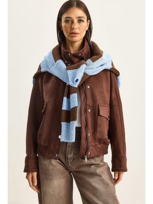 Kahverengi Dik Yaka Fermuarlı Cep Detaylı Astarlı Oversize Suni Süet Ceket