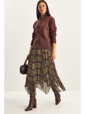 Yeşil Ekose Desenli Kırışık Efektli Astarlı Midi Şifon Etek