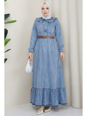Taş Detaylı Fermuarlı Kemerli Kot Mavi Elbise
