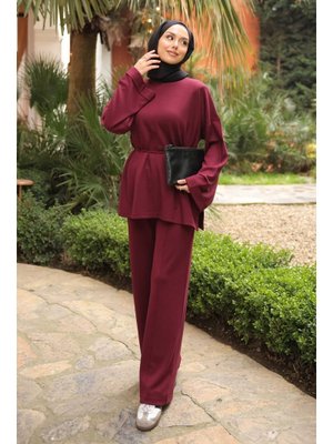 Bordo Bel Bağlamalı Tunik Pantolonlu Modal Takım