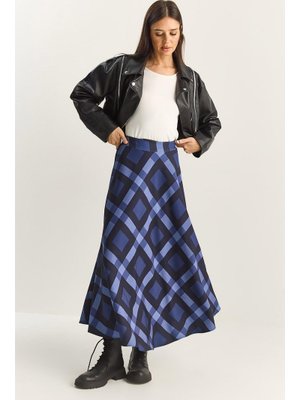 Mavi Ekose Desenli Astarlı Maxi Kloş Etek