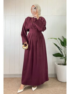 Bordo Bel Pile Detaylı Elbise