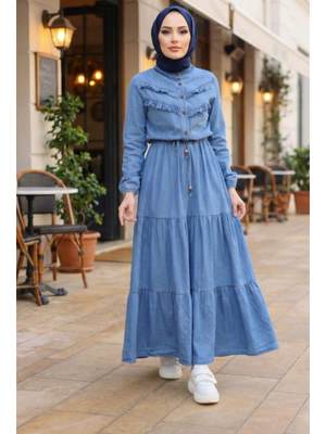 Fırfır Detaylı Bağcıklı Açık Kot Mavi Denim Elbise