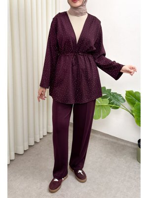 Bordo Taş Detaylı Bağcıklı Kimono Takım