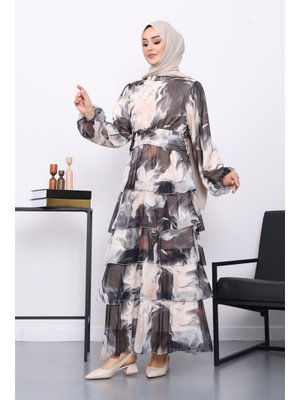 Siyah Desenli Katlı Şifon Elbise