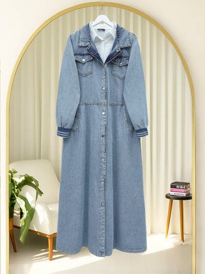 Buz Mavi Boydan Düğmeli Cepli Kolu Ribanalı Kot Kap