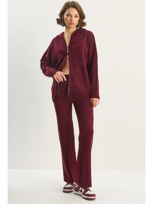Bordo Relax Fit Kapüşonlu Hırka Yüksek Bel Pantolon Triko Takım