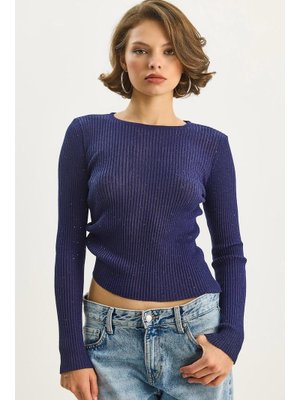 Saks Bisiklet Yaka Fitilli Vücudu Saran Pul Detaylı Yaldızlı Triko Bluz