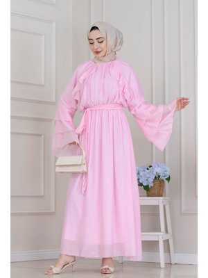 Pembe Fırfır Detaylı Lora Elbise