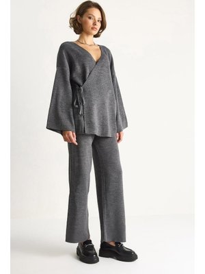Antrasit Kruvaze Triko Bluz & Yüksek Bel Pantolon Takım