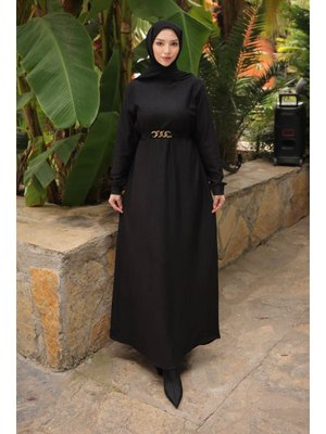 Siyah Zincir Kuşaklı Fitilli Elbise