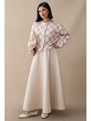 Ekose Desen Ceket Etek Bej Takım