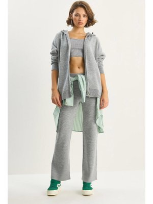 Gri Relax Fit Kapüşonlu Hırka Yüksek Bel Pantolon Triko Takım
