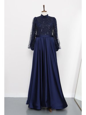 Lacivert Boncuklu İşlemeli Saten Abiye Elbise