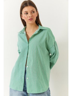 Beyaz Yeşil Üç Çizgili Oversize Standart Basic Gömlek