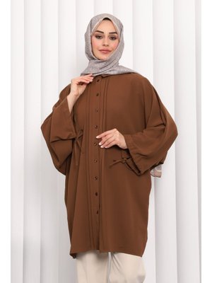 Kahverengi Yarasa Kol Linda Tunik