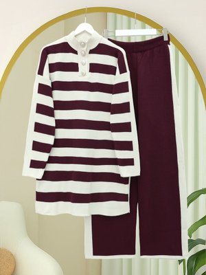 Bordo Yarım Boğazlı Yakası Düğmeli Kalın Çizgili Triko Takım