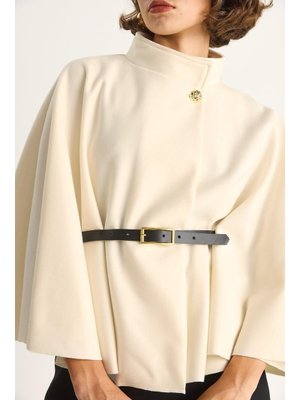 Krem Gold Düğme Detaylı Kemerli Panço