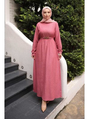 Gül Kurusu Zincir Kuşaklı Fitilli Elbise