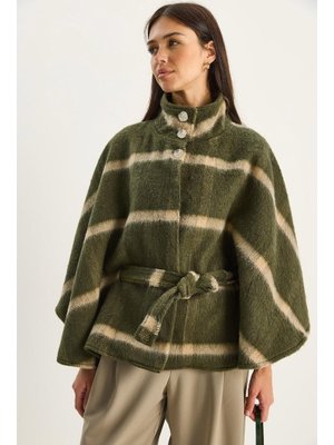 Haki Ekose Desneli Kuşaklı Düğme Detaylı Kaşe Panço