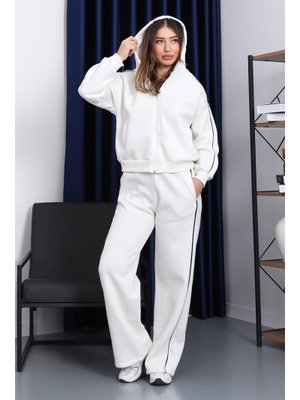 Ekru Kapüşonlu Üç İplik Sweat Hırka Pantolonlu Takım