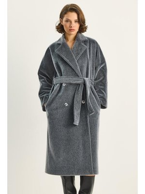 Füme Sakallı Yumuşak Dokulu Kruvaze Yaka Astarlı Cep Detaylı Kuşaklı Kaban