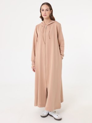 Krem Kapüşon Detaylı Fermuarlı Spor Kap / Pardesü Koyu