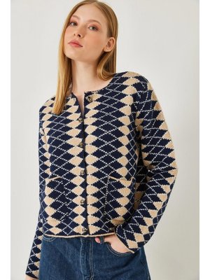 Lacivert Bej Yan Baklava Desenli Triko Hırka