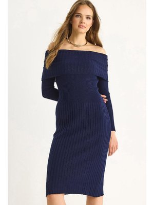 Lacivert Fitilli Madonna Yaka Triko Elbise