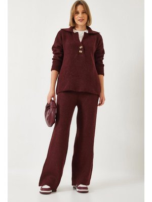 Bordo Gömlek Yaka Kalın Triko Alt Üst Takım