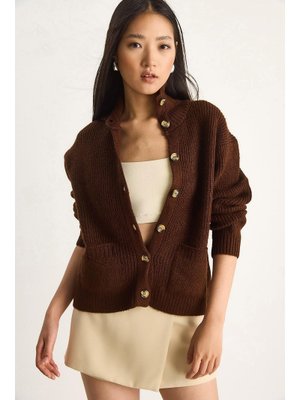 Acı Kahve Selanik Örgü Cepli Triko Hırka