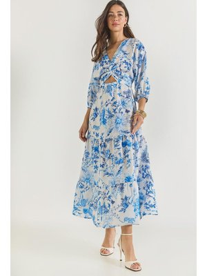 Mavi Pencere Detaylı Desenli Uzun Keten Elbise