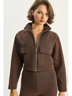 Acı Kahve Cep Detaylı Fermuarlı Scuba Dalgıç Bomber Ceket