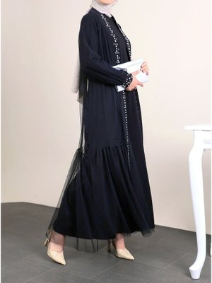 Laci Önü Taş Ve İnci Detaylı Beli Bağcıklı İkili Abaya
