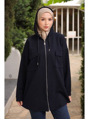 Lacivert Kapüşonlu Fermuarlı Kaşe Ceket