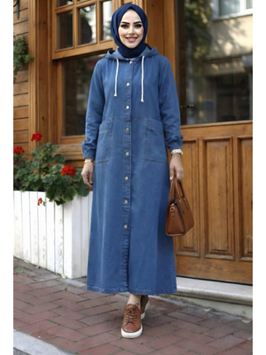 Kapüşonlu Düğmeli Cepli Kot Mavi Kap