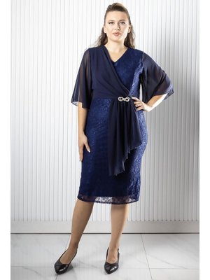 Lacivert Şifon Detaylı Abiye Elbise