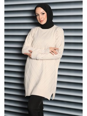 Krem Desenli Triko Tunik