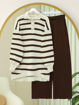 Kahve Polo Yaka Düğmeli Çizgili Triko Takım
