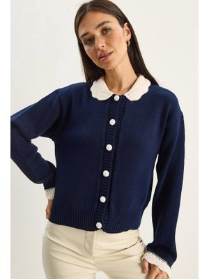 Lacivert Örgü Bebe Yaka Kol Detaylı Triko Hırka