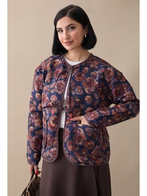 Çiçek Desen Kapitone İndigo Ceket