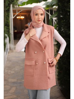 Gül Kurusu Kruvaze Yaka Cepli Buklet Yelek