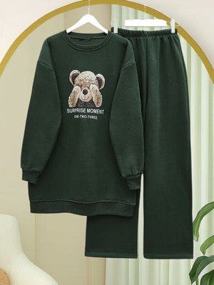 Haki Ayıcık Baskılı Şardonlu İplik Sweat Takım