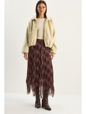 Kahverengi Ekose Desenli Kırışık Efektli Astarlı Midi Şifon Etek