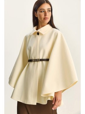 Tereyağ Yakalı Tek Düğme Detaylı Kemerli Kaşe Panço