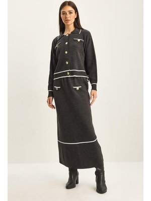 Antrasit Gold Düğme Detaylı Uzun Etekli Triko Alt Üst Takım