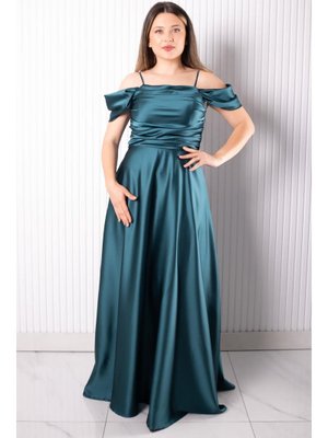 Petrol Askılı Saten Abiye Elbise